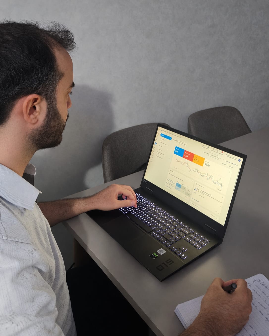 Ümmet Küçüker aan het werk achter de laptop